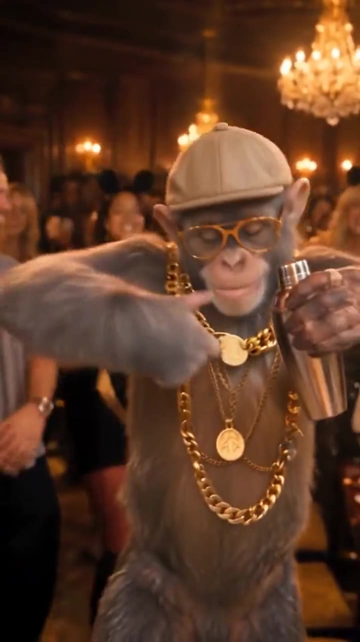 Burning Bridges AI example: a chimpanzee in a flat cap and gold chains hosting a chandelier party