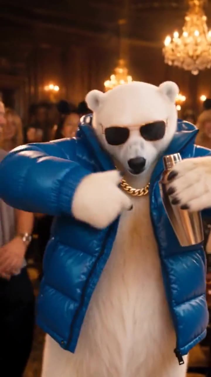Burning Bridges AI example: a polar bear in a blue puffer jacket at a chandelier party