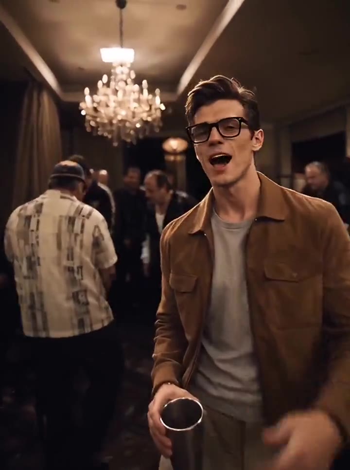Burning Bridges AI example: a guest in a tan jacket raising a cup under the chandelier